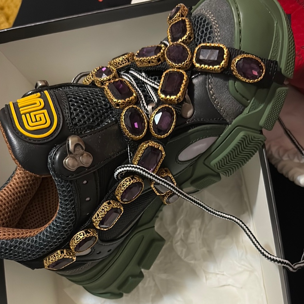 Gucci Green and Black Sneakers with Gold Details